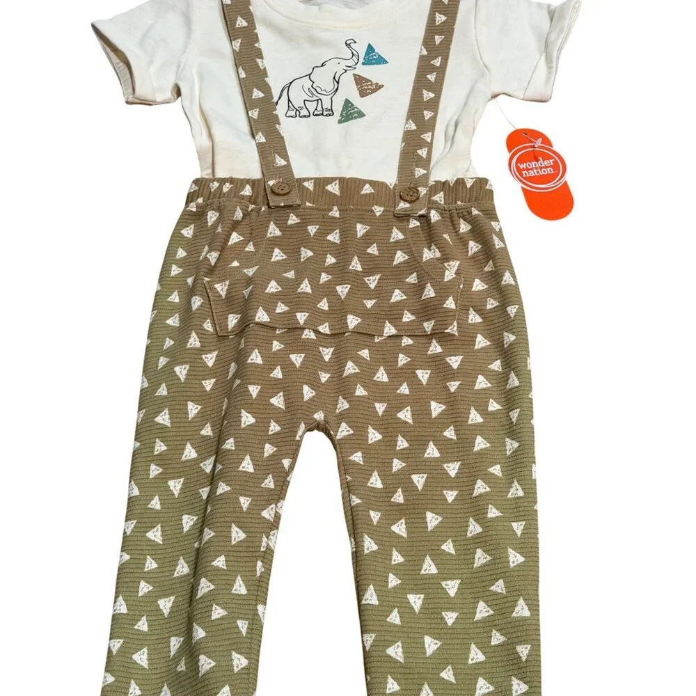 NWT‎ Wonder Nation Baby Boys 24M Set Outfit Elephant Shirt & AOP Suspender Pants